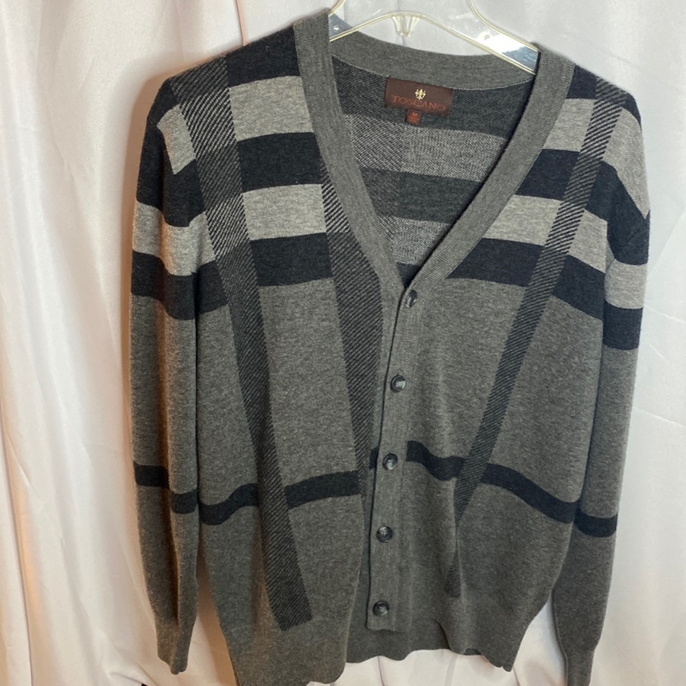 Mens Toscano grey plaid cardigan sweater